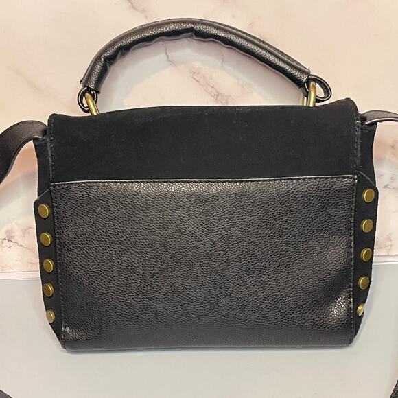 Lionel Black Suede & Leather Crossbody Bag / Top Handle Bag w/ Gold Brass Studs - Picture 2 of 14